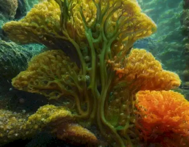 The image should depict the vibrant and diverse world of algae, showcasing their intricate structures and the intricate dance of life that unfolds within them.