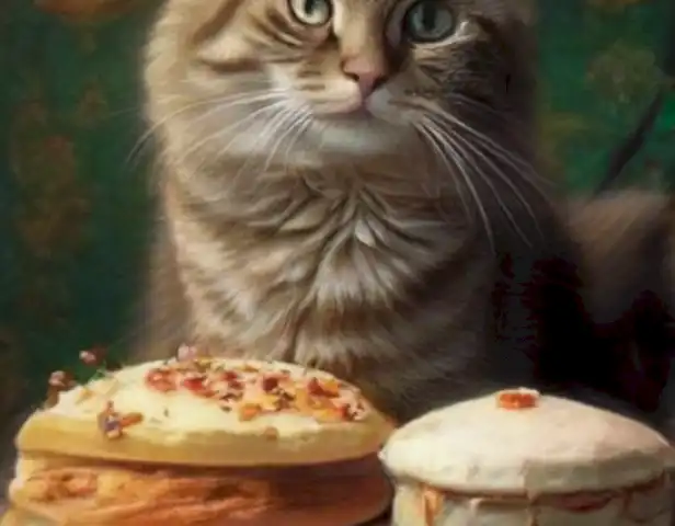 The image should depict a cat with a balanced diet, enjoying its food and looking happy and healthy.