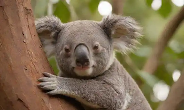 Koala saltando en un árbol de eucalipto, brazos envueltos alrededor del tronco, ojos cerrados en profundo sueño, hojas frotando suavemente, enfoque suave, luz solar caliente filtrando a través de ramas, ambiente sereno