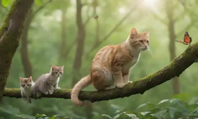 Un pájaro de aspecto curioso con plumaje vibrante encaramado en una rama, junto a un grupo de gatitos juguetones persiguiendo una mariposa, en medio de un frondoso fondo forestal verde, con sutiles toques de huella animal y hojas frotando en el viento