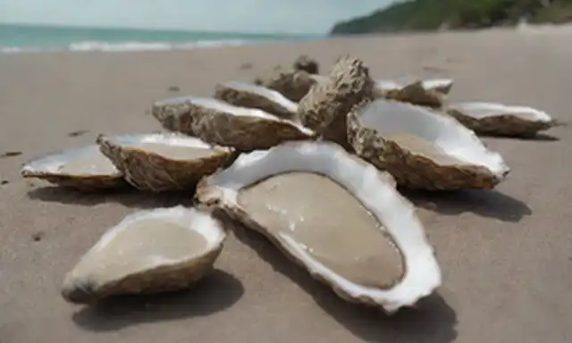 una suave playa inclinada con suave arena oscura, agua de turquesa tranquila a la orilla, un racimo de ostras gigantes dispersas a lo largo de la costa, algunos abiertos para revelar sus delicados interiores, otros cerrados apretados como pequeñas joyas
