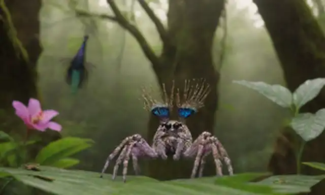 Un bosque tropical vibrante con flores exóticas, árboles torrentes, y aves coloridas en vuelo, con animales raros e inusuales como una araña de pavo real majestuoso, un quóll fluffy, y una rana caliente regal, en medio de follaje exuberante y patrones intrincados de luz y sombra