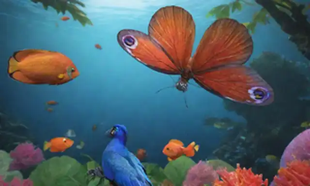 3D ilustración de majestuoso calamar gigante, vibrante morfo mariposa morfo azul encaramado sobre una hoja, pavo real real en plumaje completo, arrecife de coral teemiendo con pescado, árbol de sequoia torrente, majestuoso gorila de montaña, escarabajo iridiscente en una flor, loro colorido en vuelo