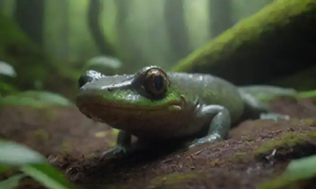 Vibrant planta de bosque verde, curiosa salamandra gigante, ojos mestizantes, escamas que brillan como joyas, alas masivas, extremidades espeluznantes, plumas delicadas en la cabeza de los pequeños dragones, vegetación exuberante, atmósfera malvada