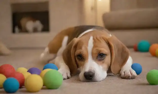Un cachorro juguetón, curioso y amistoso de Beagle, acostado, rodeado de juguetes y bolas, con un fondo borroso, mostrando una sala de estar o escena del patio trasero, iluminación cálida, tonos terrenales