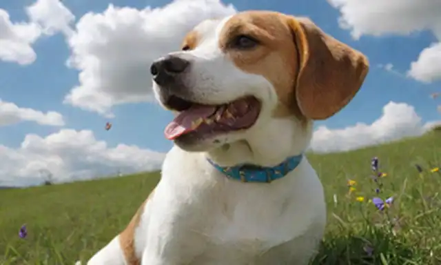 Un Beagle sonriente con una cola ondulante, sentado sobre una colina herbosa, rodeado de mariposas y flores, llevando un collar brillante, bajo un soleado cielo azul con nubes blancas y suaves