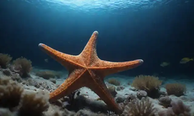 ilustración 3D de un pez estrella flotando cerca del arrecife de coral, el contenido del estómago derramando en movimiento lento, algas marinas y peces nadando alrededor de él, oscuridad bajo el agua con brillo azul sutil