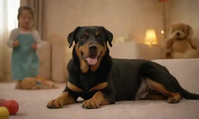 Un leal perro de Beauceron sentado tranquilamente por un lado de la familia, con niños jugando en el fondo, rodeado de juguetes y risas, iluminación caliente destacando la escena, mostrando el vínculo entre humanos y su compañero canino