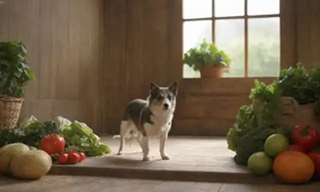 un perro Ratonero lúdico en un entorno rústico, rodeado de productos frescos y equipos de ejercicio, con un cálido sol, vegetación exuberante, y una antigua puerta de madera en el fondo, mostrando sus características de razas y estilo de vida