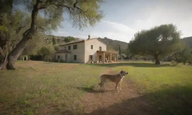 Un paisaje sereno andaluz con una granja rústica en primer plano, rodeado de exuberante vegetación, cálida luz del sol, y algunas nubes suaves, con un perro Ratonero Bodeguero jugando o sumergiendo en un ambiente tranquilo, con sutiles toques de naturaleza belleza y tranquilidad