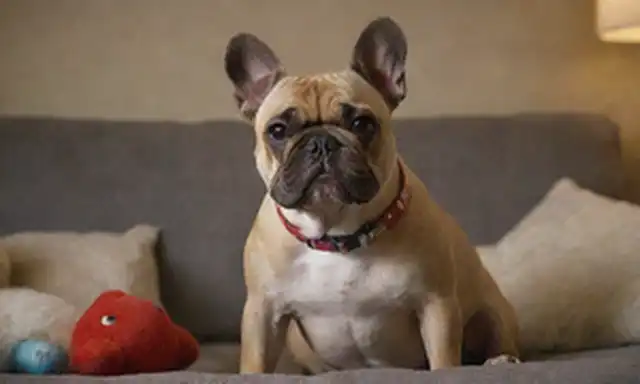 Un Bulldog francés con una expresión relajada, sentado en un sofá o cama, con un collar y rodeado de juguetes u otros accesorios para perros, con una instalación de iluminación interior sutil