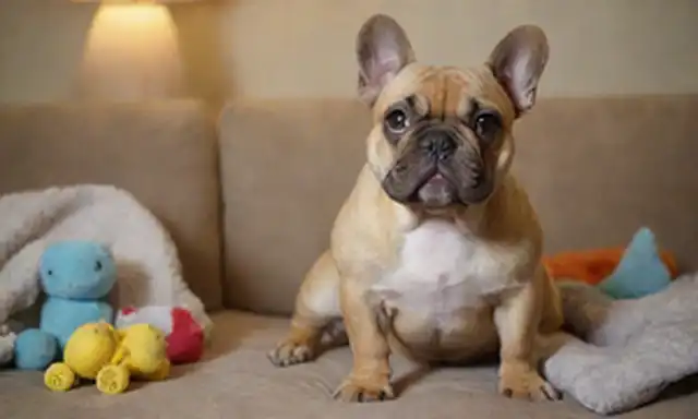 Un retrato de un Bulldog francés, cola rizada, piel arrugada, expresión adorable, sentado en un sofá, rodeado de juguetes y mantas, con un ambiente confortable