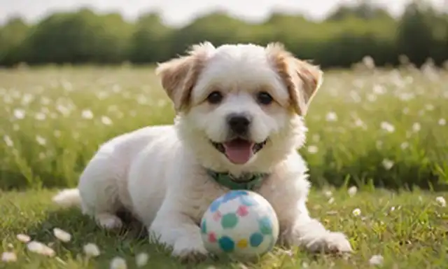 Un Caniche alegre y suave Juguete cachorro jugando con una bola en un prado verde, rodeado de flores florecientes y sol, con unas pocas nubes blancas y suaves en el fondo, transmitiendo calidez y alegría