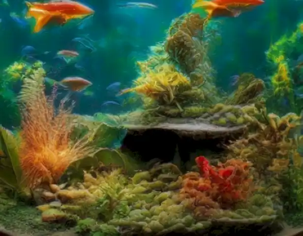 Image should showcase the vibrant and colorful world of freshwater fish living in a crystal-clear aquarium, capturing the captivating beauty and diversity of the ecosystem.