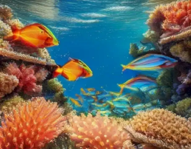 picture of vibrant, crystal-clear water surrounded by colorful fish and coral.