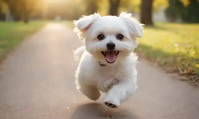 feliz perro maltés corriendo, la cola lúdica ondeando, soleado fondo del parque, enfoque suave, entorno borroso, colores brillantes, iluminación caliente, atmósfera alegre