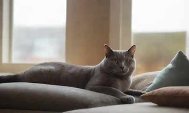 Una acogedora y acogedora sala de estar con un gato Chartreux colgando en un cojín suave, rodeado de libros y juguetes, frente a una gran ventana con luz solar que se derrama, con la piel de gatos brillando en la luz, y sus ojos brillando brillante