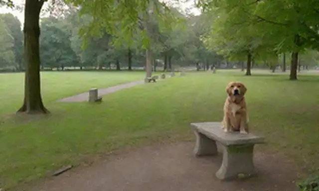 parque verde, ambiente sereno, diversas razas de perros, piedras memoriales, arreglos florales, iluminación suave, bancos tranquilos, entorno tranquilo, resonancia emocional