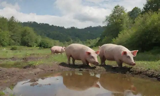 3 cerdos en un estanque fangoso, rodeados de vegetación exuberante, un cerdo está nadando, otro está comiendo algas, y el tercero está descansando en una roca, con un débil sentido de abandono, tal vez una vieja puerta de madera o cerca en el fondo, un toque de vegetación sobrecreciente, un vislumbramiento de cielo azul por encima