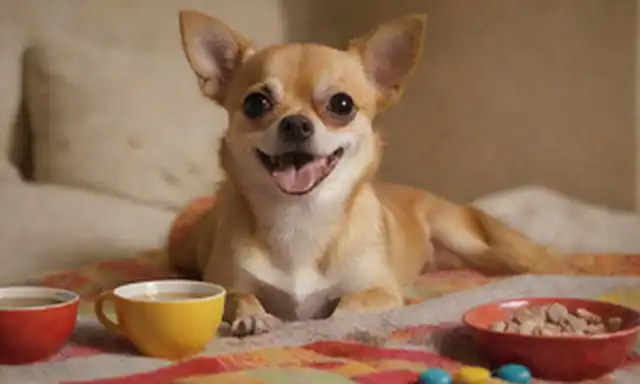 Una fotografía de tono cálido con un Chihuahua sonriente sentado en una manta de felpa, rodeado de tazones y utensilios coloridos, con unos cuantos golosos repartidos alrededor, y una taza caliente de café o té cerca, transmitiendo una sensación de confort acogedor