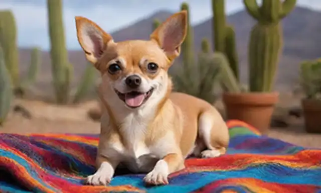 Una ilustración cálida y vibrante de un perro de raza chihuahua sonriente sentado en una colorida manta mexicana, rodeado de exuberantes cactus y suculentas, con un suave paisaje del desierto en el fondo, con un cielo azul brillante con nubes blancas hinchadas, mostrando un sentido de alegría y serenidad