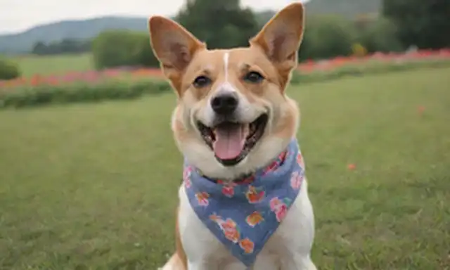 Un perro sonriente con una cara amistosa, rodeado de flores coloridas, sentado en un campo pastoso, usando una bufanda o corbata de arco, y teniendo una pelota en su boca, mirando directamente al espectador, con un ambiente cálido y acogedor