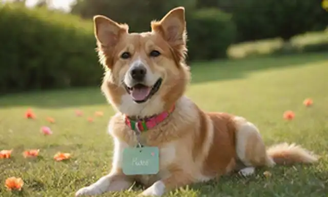 Un perro alegre, de aspecto suave con orejas flojas y una cola rizada; usando un collar brillante con una etiqueta de nombre brillante; sentado en hierba verde exuberante rodeado de flores coloridas; con un rayo de sol caliente brillando; enfoque suave para transmitir una sensación de calidez y amistad
