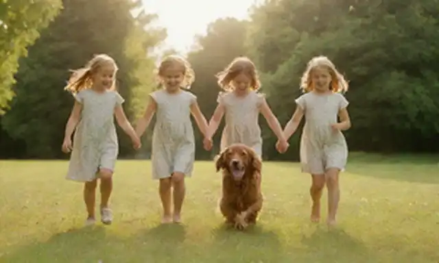 Una fotografía de tono cálido que ofrece, niños felices que sostienen las manos con amistosos adultos, perros de raza Cocker Spaniel jugando en un exuberante parque verde, suave luz del sol, suaves sonrisas, ambiente relajado