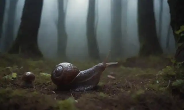 un suelo de bosque oscuro con manchas enlazadas, caracoles abrazando, ojos brillantes, luna crescente arriba, ambiente de mal humor, ambiente íntimo, actividad nocturna, estilo de ilustración caprichosa