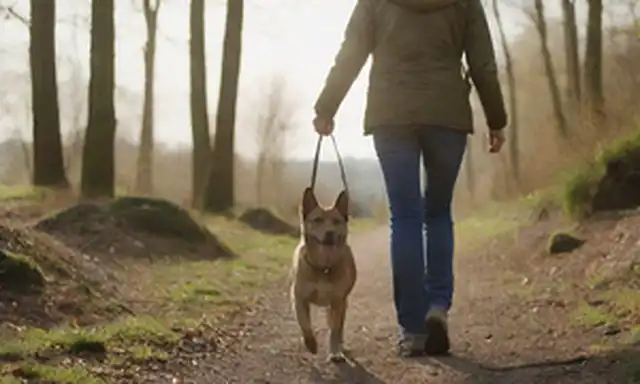 Feliz perro caminando con propietario, escena tranquila, entorno natural, bosque o parque, luz solar, persona que sostiene correa, interacción suave, no conflicto aparente, confianza y comprensión entre humano y animal