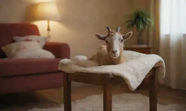 Una linda y pequeña cabra en una acogedora sala de estar con una mesa y silla miniatura, rodeada de mantas y almohadas suaves, con unos pocos juguetes o golosinas repartidos alrededor, tal vez un vaso de leche o un tazón de fruta fresca cerca, transmitiendo una sensación de calidez, comodidad y compañía
