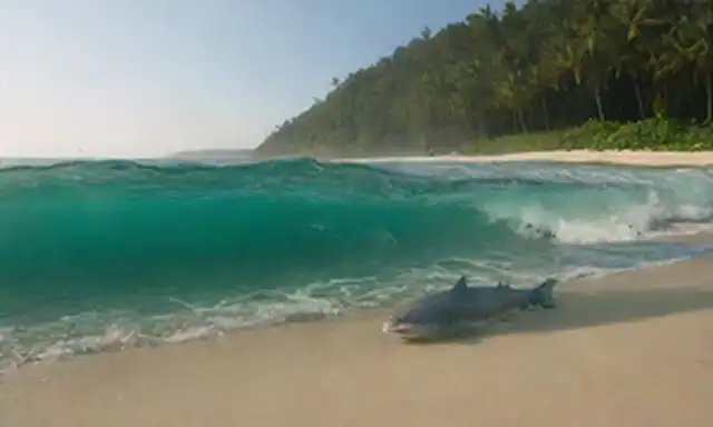Olas oceánicas verdes azules chocando contra la playa de arena, la escuela de peces nadando juntos en la distancia, una gran superficie de rotura de animales marinos con aletas y cola, la cálida luz del sol brillando sobre la escena, ligera niebla que se eleva del agua, vegetación tropical creciendo en el fondo, pocos aves marinas volando sobre la cabeza