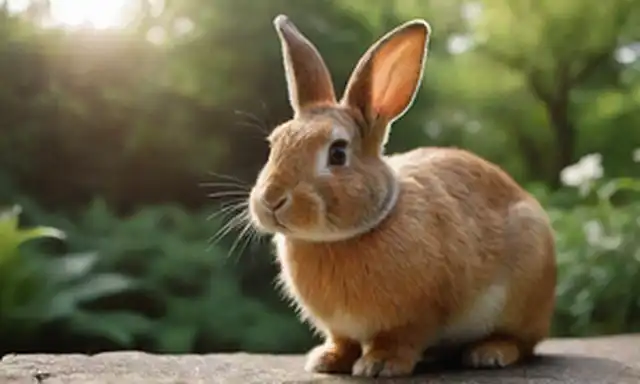 Un conejo, ambientación domesticada, mirada suave, piel suave, ambiente tranquilo, entorno natural, exuberante vegetación, luz solar filtrando a través, colores cálidos, serenidad, contentamiento