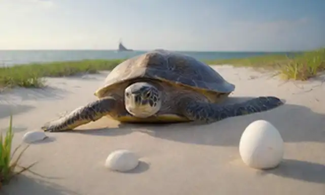 Un paisaje costero sereno con una playa de arena, hierba de mar balanceándose suavemente en la brisa, una tortuga marina gigante que surge lentamente del océano, su cáscara brillando con rocío matutino, dos pequeños huevos enclavados con seguridad dentro de su nido, algunas plumas dispersas alrededor, y un velero lejano navegando tranquilamente en el horizonte