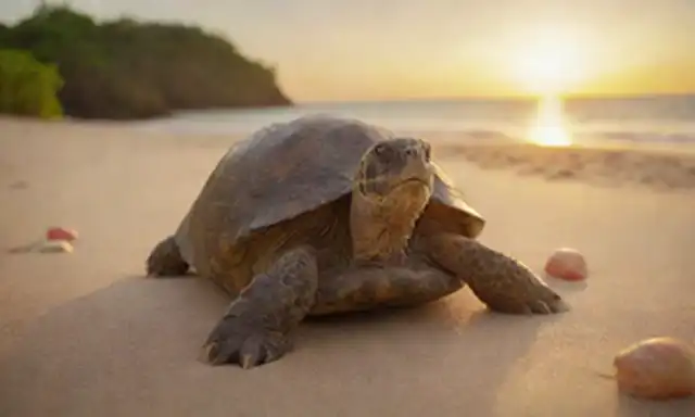 Tortuga en playa de arena, rodeada de olas oceánicas, con arrecife de coral en el fondo, puesta del sol, concha parcialmente enterrada, tortugas caras serenas, con algas y conchas dispersadas cerca, cálida iluminación con tonos dorados