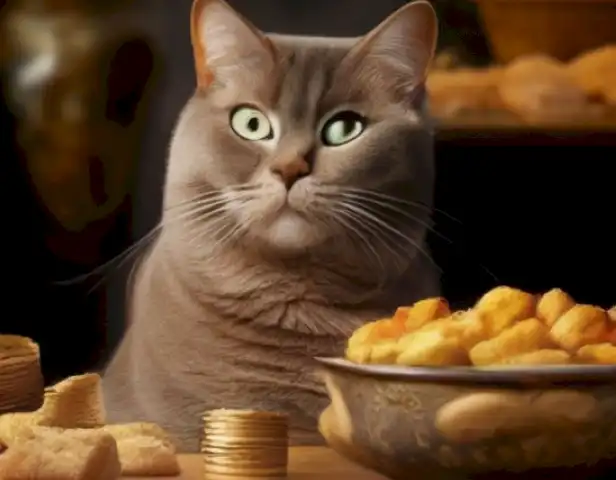 Image should showcase the various nutritional recommendations for adult cats, including food types, portions, and meal frequency.