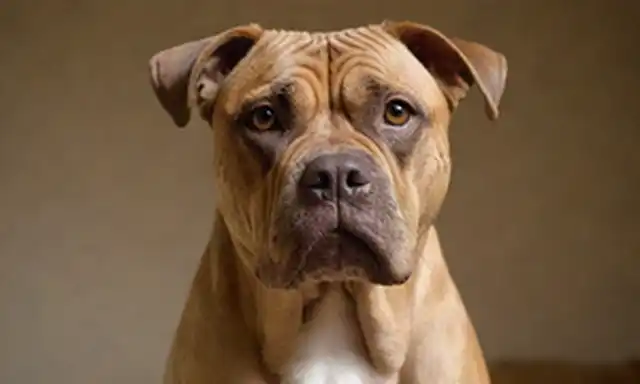 Un perro de cabeza grande con una cara arrugada, mandíbula prominente y nariz, orejas colgando bajo, cola corta, cuerpo musculoso, capa gruesa con un patrón de camisas distintivo, color marrón o marrones, mirada intensa