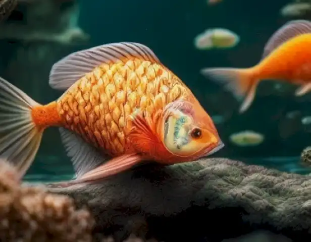 The image should showcase the vibrant and diverse world of fish within a small pond or aquarium, inviting viewers to explore its wonders.