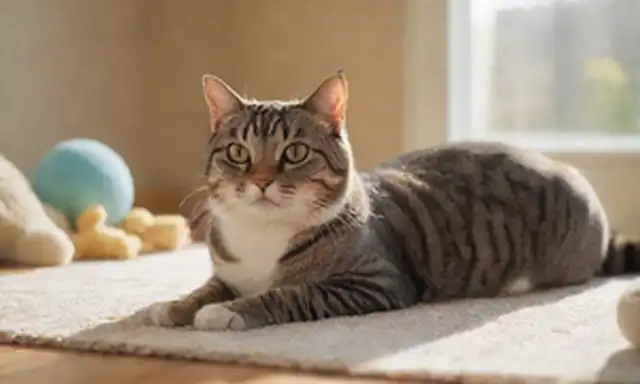 Una suave escena doméstica con un tranquilo gato americano de Shorthair acostado en una alfombra suave, rodeado de juguetes y postes de rasguño, con la cálida luz del sol fluyendo a través de una ventana, transportando comodidad y tranquilidad, un tiro de cerca de los gatos cara mostrando contentamiento y relajación, con sus patas ligeramente curvadas alrededor de un juguete favorito