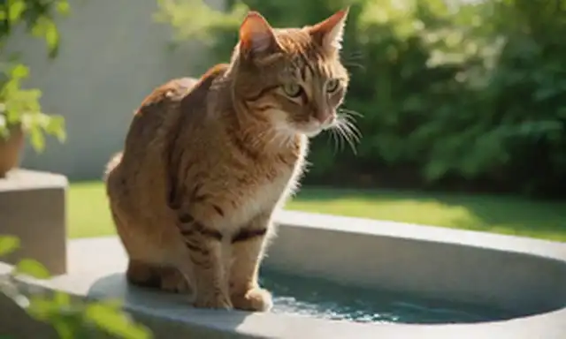 ilustración 3D de un curioso gato que bebe de una fuente de agua moderna, rodeado de vegetación exuberante y sombras de fondo sutil, con un toque de humedad en el aire, con un sentido general de frescura y serenidad