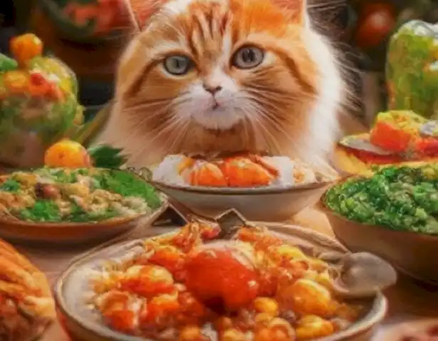 The image should depict cats exploring different vibrant and delicious vegetarian food options in a vibrant and colorful environment.