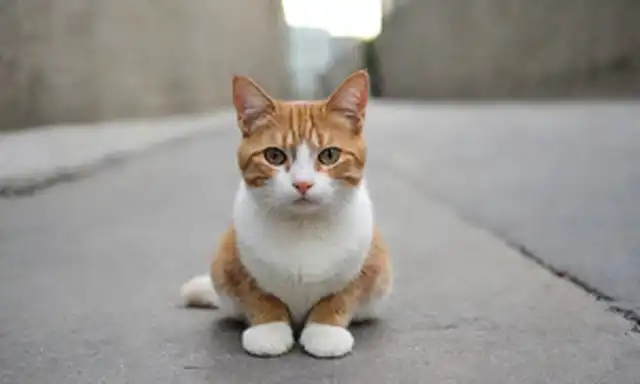 Un gato callejero sentado en una calle de la ciudad, rodeado de muros de hormigón, mirando directamente a la cámara con expresión curiosa, patas dobladas y orejas enrojecidas, con fondo borroso del ambiente urbano en movimiento, insinuando su estilo de vida independiente