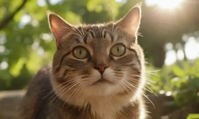 Una curiosa cara de gatos, silbidos girando, en un ambiente cálido al aire libre, la luz del sol fluyendo a través del follaje, posiblemente con una bola o juguete cerca, transmitiendo juguetonía y amabilidad