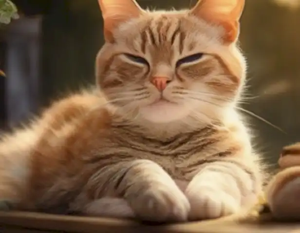 The image should depict a happy and well-cared-for cat enjoying a moment of relaxation and contentment.