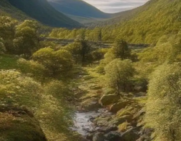 Image of el Bosque de Noruega should showcase a harmonious and picturesque scene of nature and culture, with the characteristic beauty of the country's landscapes and rich cultural heritage.