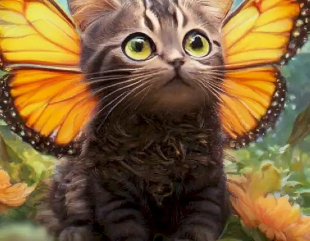 Image of the article should show an adorable and captivating feline with vibrant butterfly wings and other insects surrounding it.