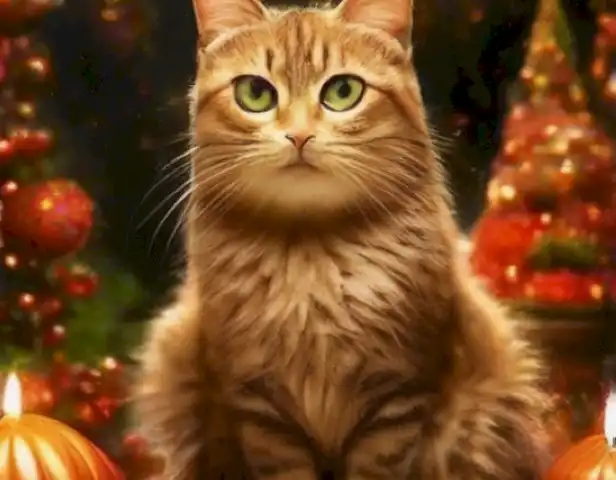 The image should showcase the vibrant preparations and festive spirit of a cat celebrating a natal celebration.