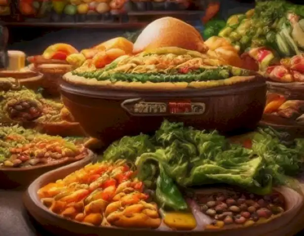 Image should showcase a wide range of vibrant and diverse vegetarian food stores from different countries and cultures.