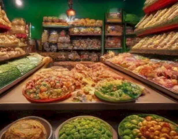 Image should show a colorful and diverse selection of vegetarian food stores from different parts of the world.
