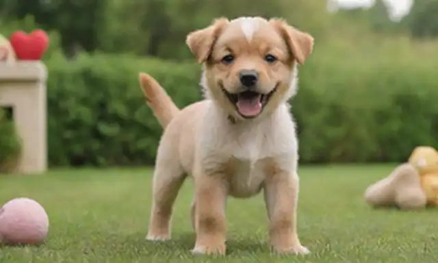 Un cachorro juguetono con una mezcla de texturas cortas y largas de piel, de pie sobre sus patas traseras contra un fondo borroso de hierba verde, rodeado de juguetes y golosinas, con una gran sonrisa y un toque de maldad en sus ojos